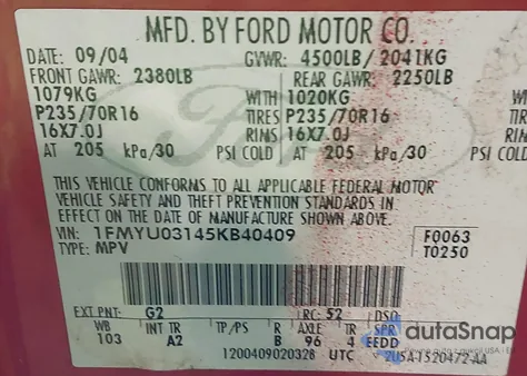 2005 Ford Escape Xlt из США, поврежденный, VIN 1FMYU03145KB40409